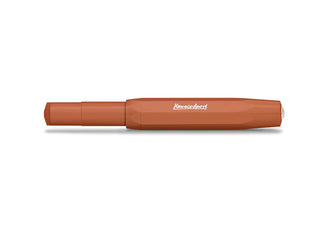 Coral orange rollerball pen, side view with clip and branded barrel