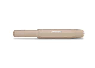Light beige rollerball pen, side view with clip and branded barrel