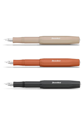 Set of Kaweco Sport skyline fountain pens: beige, orange, and black, medium nibs