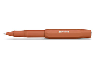 Terracotta red rollerball pen, side view with pointed tip and branded barrel
