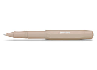Light beige rollerball pen, side view with pointed tip and branded barrel
