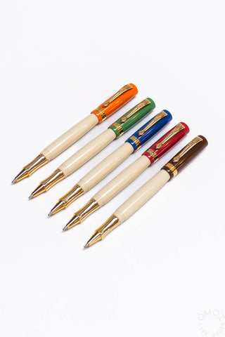 Assorted Student rollerball pens in orange, green, blue, maroon, and brown colors