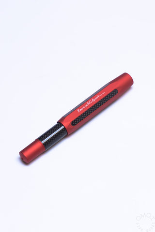 Red Kaweco AC Sport fountain pen with black grip section, side view