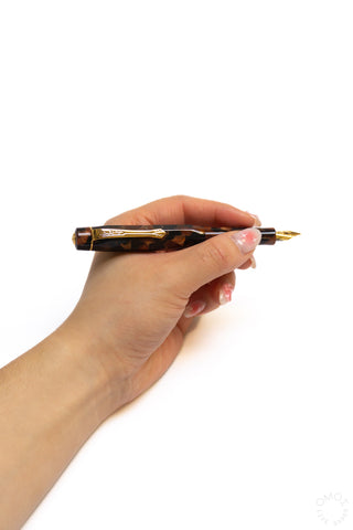 Hickory brown fountain pen held in hand, gold nib and clip visible