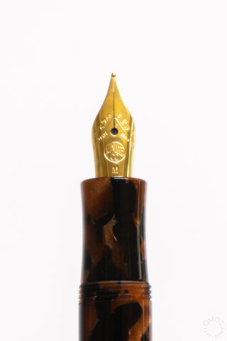 Gold nib close-up on hickory brown Kaweco Art Sport fountain pen, M tip