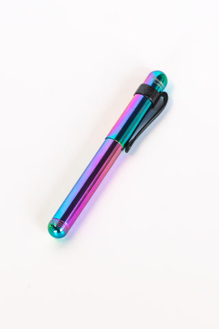 Fountain pen clip with iridescent multicolor finish and black mounting band