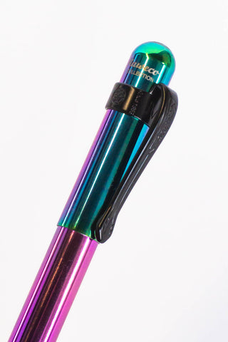 Fountain pen clip with iridescent teal-purple finish and black mounting band