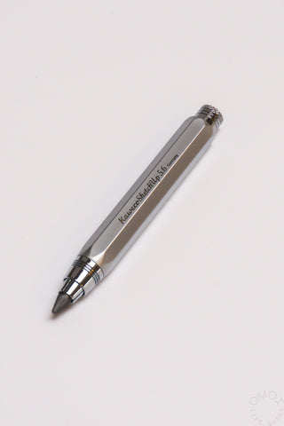 Silver aluminum clutch pencil with knurled grip rings and metal lead tip
