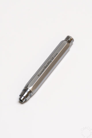 Silver aluminum clutch pencil side view with printed markings and lead tip