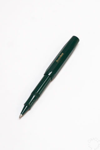 Green Kaweco Sport rollerball pen with gold clip and shiny barrel accents