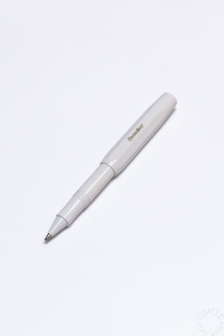 White Kaweco Sport rollerball pen with gold clip and pointed nib