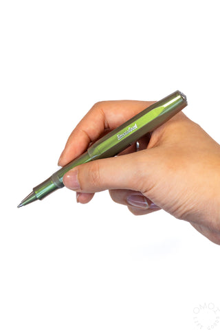 Shadow green Kaweco Lunar Sport rollerball pen held in hand, angled view