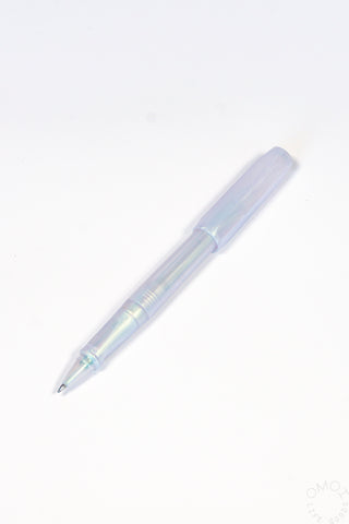 Iridescent pearl rollerball pen with clear light-blue translucent barrel and silver tip