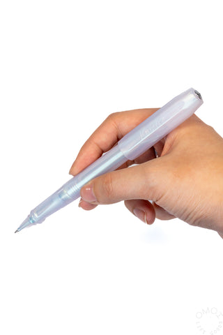 Iridescent pearl rollerball pen held by hand, light-blue translucent barrel and tip