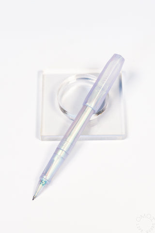 Iridescent pearl rollerball pen in clear blister, light-blue translucent barrel and tip