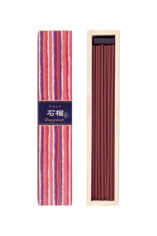 Pomegranate incense sticks in striped wrap, shown with open light-wood holder