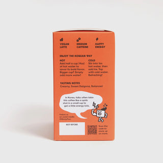 Orange instant latte mix box back panel with vegan and brewing instructions