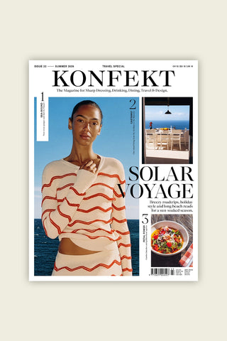 Konfekt magazine issue with model in red-and-white striped top on cover