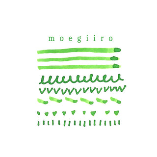 Moegiiro ink color swatch card with brush strokes and dot patterns.
