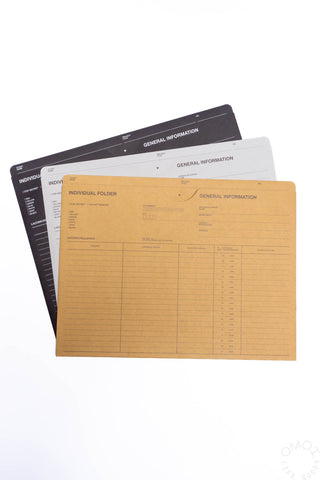 A4 individual folder, stack of dark and tan/brown printed forms with table grids