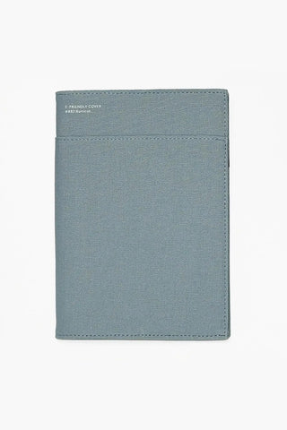 A5 e-friendly notebook cover in blue faux leather, with front logo and stitched edges