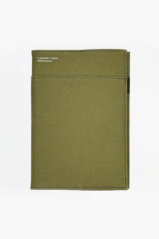 Olive A5 e-friendly notebook cover with stitched front pocket and top label