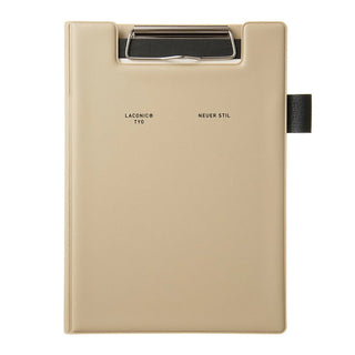 A5 field pad in beige, closed cover with metal handle and side strap