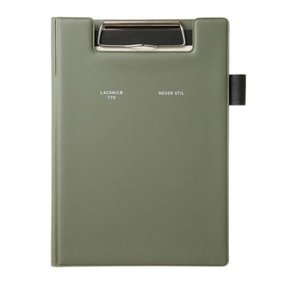 A5 field pad in olive green, closed cover with metal handle and side strap