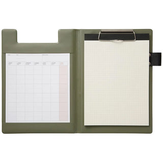 A5 field pad in olive green, open view with paper sheets and metal clip