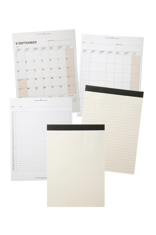 A5 field pad refills set of planner sheets: calendar, gantt, lined, and grid pages