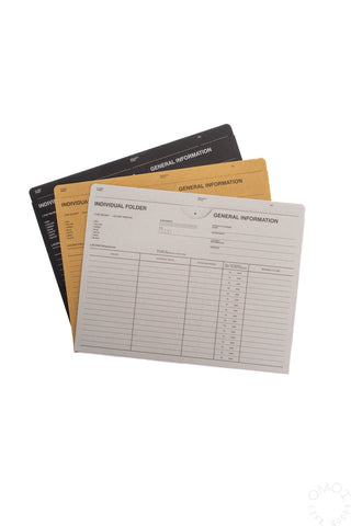 A5 individual folder set in black, brown, and grey with printed table layout