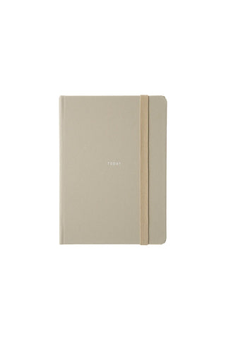 Beige pocket log diary with elastic strap and hardcover, front panel journal