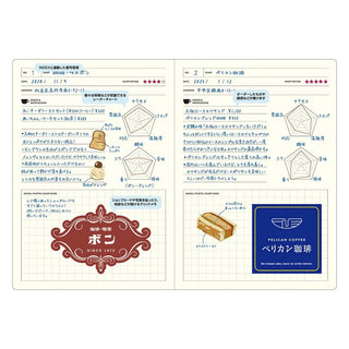 Open B6 notebook with two pages of illustrated charts and form sections