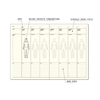 Open B6 notebook with fashion record grid and full-body sketch icons