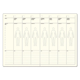 B6 notebook spread with full-body garment silhouettes and planner fields