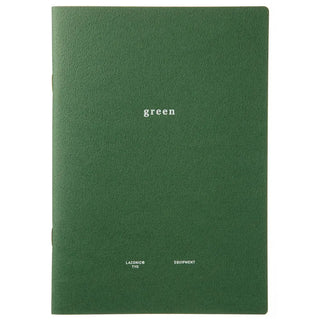 Green B6 style notebook cover with centered text and brand mark at bottom