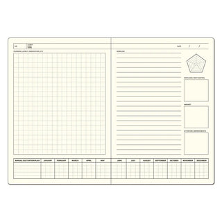 B6 notebook open spread with blank grid and lined notes for planning