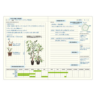 B6 notebook page with plant illustrations and weekly timeline grid