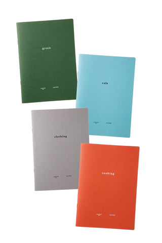 Assorted B6 notebook covers: green, cafe, clothing, and cooking, stacked together