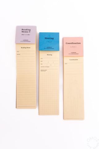 Three pastel bookmarker notes: Reading Memo-Y, Meeting, and Coordination