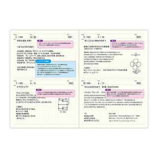 Planner notebook open spread showing dated entries with highlighted note callouts.