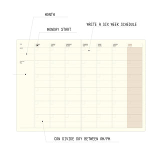 Monthly planning notebook page with weekly grid and schedule bars