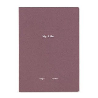 Maroon textured notebook cover titled "My Life" with small bottom icons