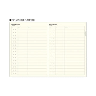Two-page planner notebook spread with checklist-style rows and columns