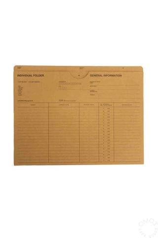 A4 individual folder in tan/brown with printed general information section and table grid
