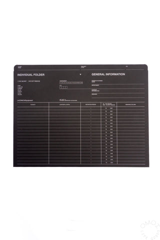 A4 individual folder with dark cover, printed general information tables and grid lines
