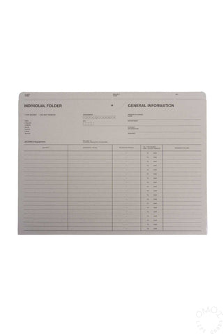 A4 individual folder in light grey with printed general information section and table grid