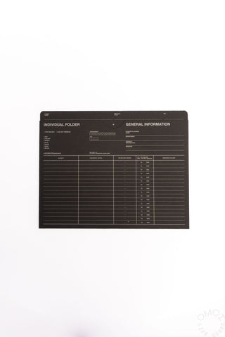 Black A5 individual folder with printed form grid and General Information label