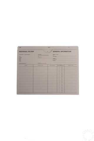 Grey A5 individual folder with printed form grid and General Information label