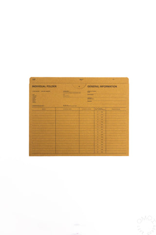 Brown A5 individual folder with printed form grid and General Information label